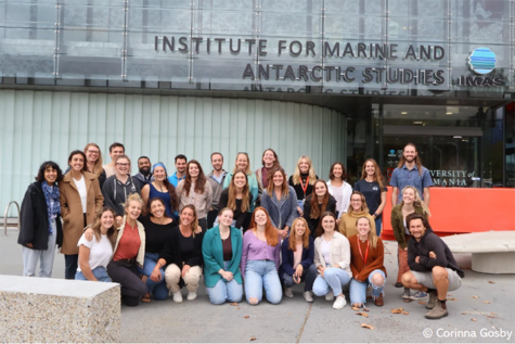 A group of students outside of IMAS research Institute for Marine and Antarctic Studies (Hobart, Tasmania)