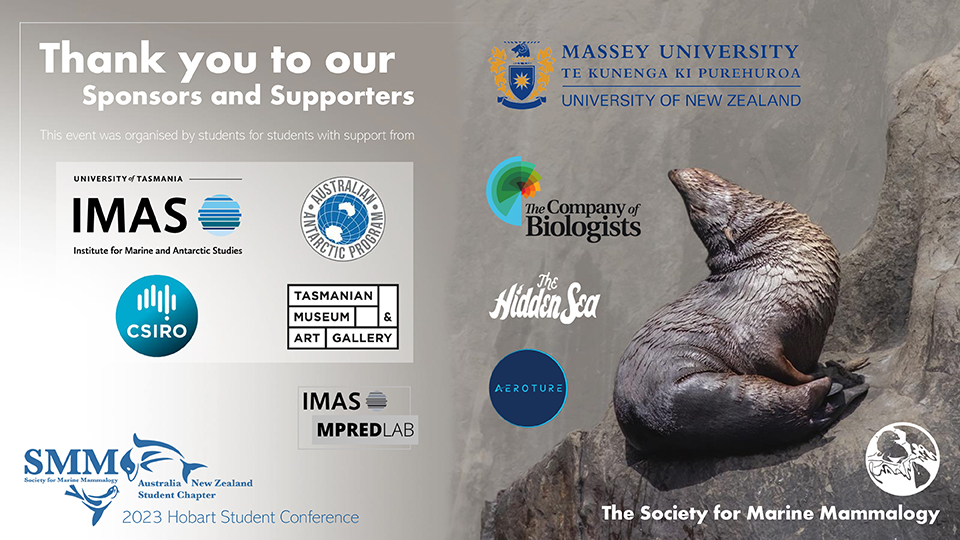 Banner image with fur seal stretching its neck. Image includes many logos in acknowledgement of their contribution as student conference sponsors.